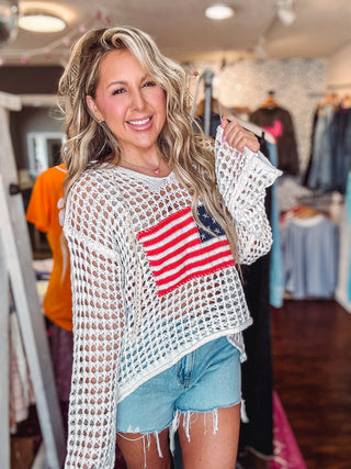 POL Ivory American Flag Open Knit Hoodie