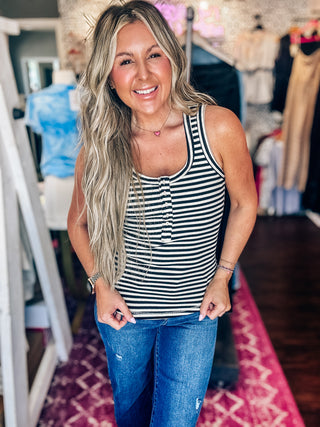 Striped Black/Tan Button Down Fitted Knit Tank Top
