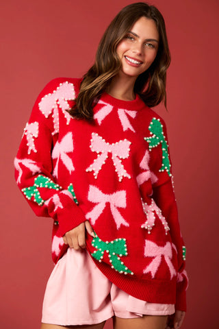 Pearl Bow Red Holiday Sweater