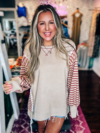 Oversized Striped Sleeve Casual Knit Top-Tan