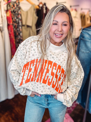 ‘TENNESSEE & TN' Reversible Mock Neck Floral Print Sweatshirt-Cream