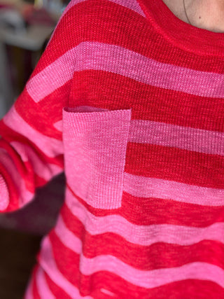 Indulge In Comfort Pink/Red Stripe Knit Top And Shorts Set