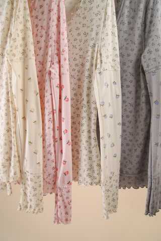 Pink Floral Printed Lettuce Hem Fitted Knit Top