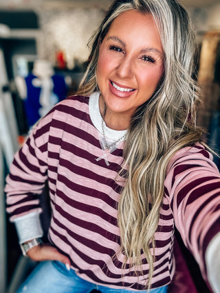 Give Me Comfort Wine/Pink Stripe Sweatshirt