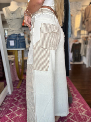 POL Mix n Match Woven Striped Print and Thermal Knit Pants in Sand Stripe