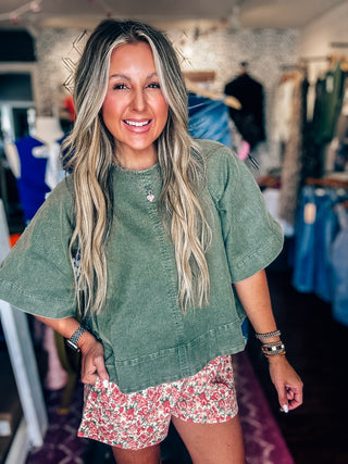 Touch Of Whimsy Stretch Denim Tie Back Detail Top - Ash Green