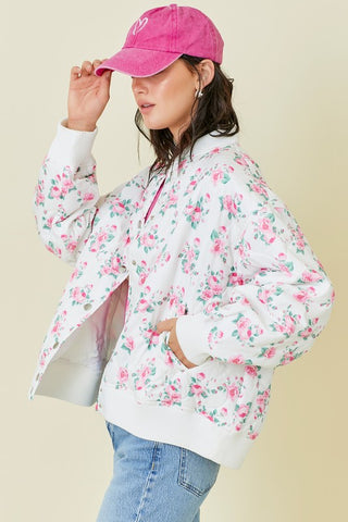 Quilted Pink Floral Print Long Sleeve Bomber Jacket