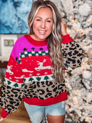Colorblock Leopard Reindeer Sweater