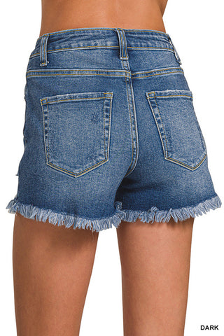 Dark Distressed Hem Denim Shorts