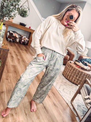 Camo Print Casual Knit Barrel Pants-Olive