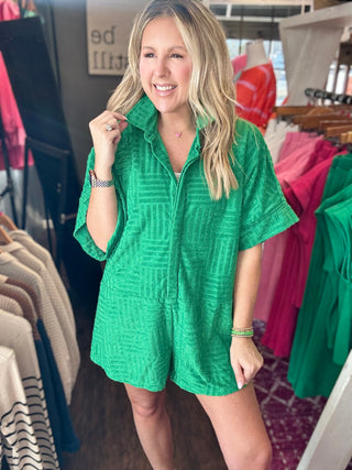Don’t Shy Away Kelly Green Textured Romper
