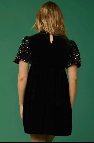 Merry Sequin Confetti Sleeve Black Velvet Dress