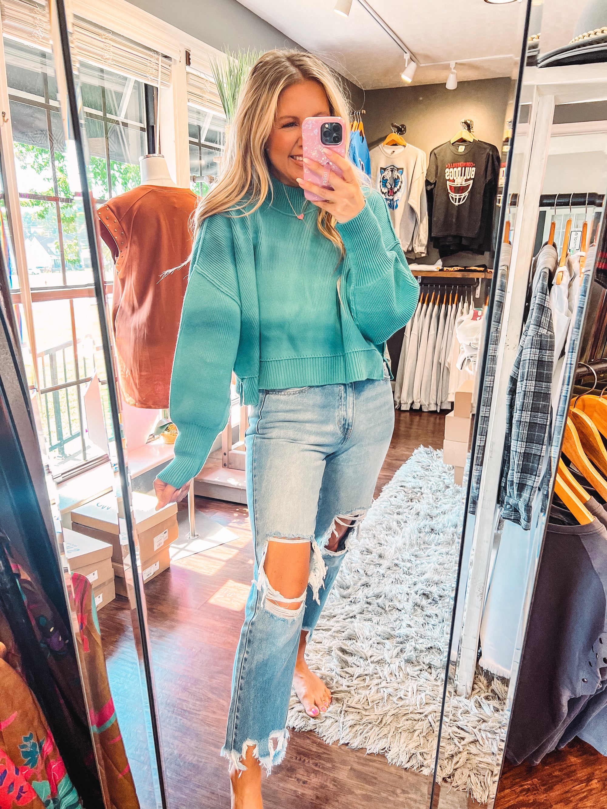 Snuggle Up Side Slit Dusty Teal Sweater