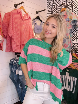 Stand Out In Style Pink/Green Stripe Sweater