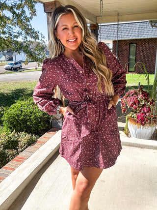 Denim Floral Button Down Mini Dress-Wine