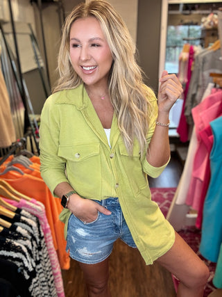 Cool and Slouchy Lime Terry Cloth Button Down Top