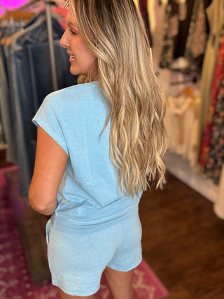 Sleeveless Crew Neck Top and Shorts Set-Blue