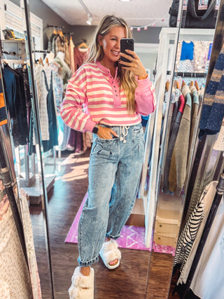 Oversized Striped Half Button Down Top-Pink/Cream