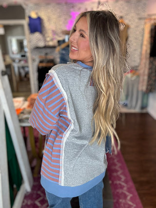 Oversized Striped Sleeve Casual Knit Top-Grey