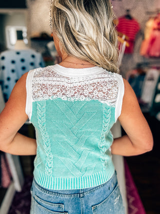 POL Sweet & Chic Patchwork Sweater Vest Top-Aqua