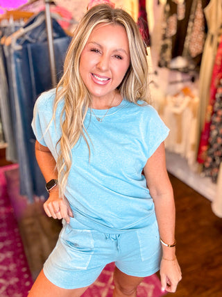 Sleeveless Crew Neck Top and Shorts Set-Blue