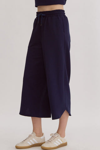 Stylish Navy Two Piece Textured Ruffle Sleeve Top and Wide Leg Pant Set