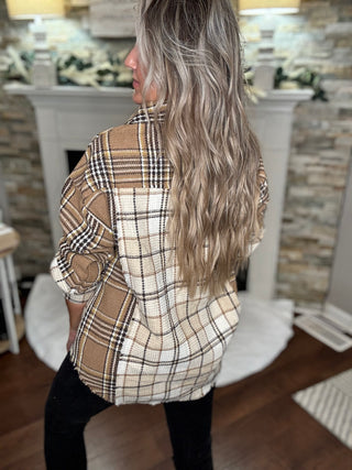 Mixed Plaid Mocha Oversized Casual Shacket Jacket