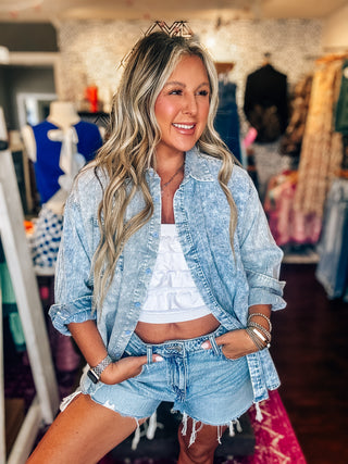 Mineral Washed Soft Denim Striped Shirt-Light