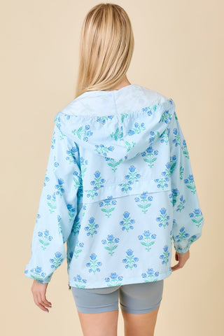 Light Blue Floral Half Zip Windbreaker Jacket