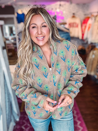 Oversized Floral Printed Fleece Sherpa Jacket-Mocha