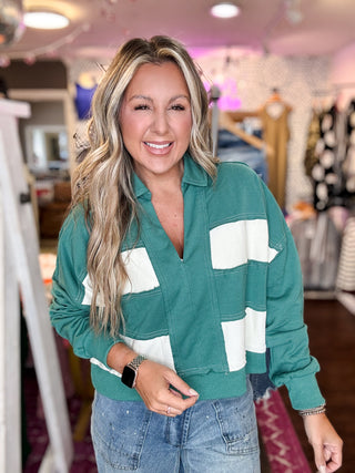 Block Striped Collar V-neck Sweatshirt- Hunter Green