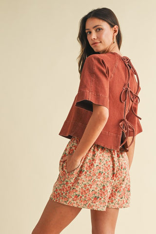 Touch Of Whimsy Stretch Denim Tie Back Detail Top - Brick