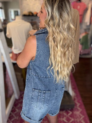 Vintage Wash Denim Romper-Dark