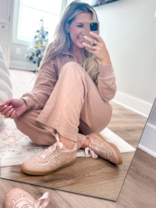 DOORBUSTER Eleanor Satin and Lace Sneaker- Nude Pink