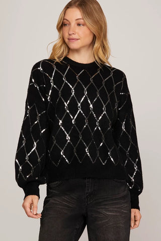 So Sparkly Black Sequin Diamond Pattern Sweater