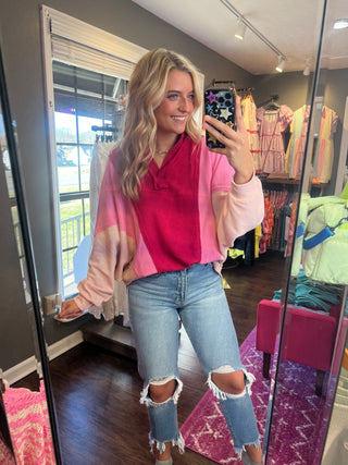 Vibrant Pink Colorblock Oversized Thermal Top