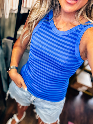 The Daily Stripe Tank Top-Royal Blue