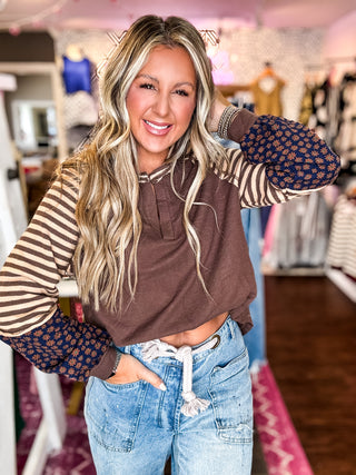 Oversized Floral & Stripe Casual Knit Top - Mocha