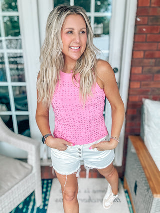 Get Ready To Shine Pink Knit Tank W/ Pearl and Rhinestones