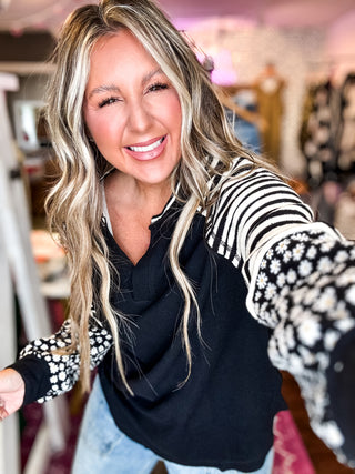 Oversized Floral & Stripe Casual Knit Top - Black