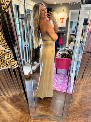 Here For It Wide-Leg Linen Halter Vest Jumpsuit - Taupe