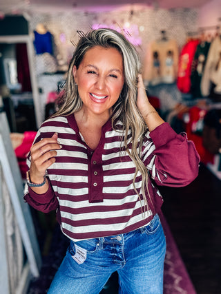 Oversized Striped Half Button Down Top-Burgundy/Cream