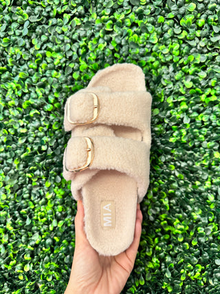 Mia Natural Shearling Buckle Platform Slide Sandals