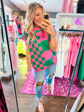 Pink And Green Checkered Sweater Top