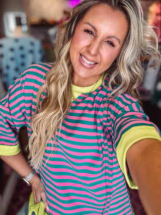 Oversized Stripe Casual Knit Top-Seafoam/Pink