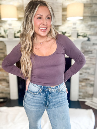 Comfy Casual Plum Crop Ribbed Knit Top