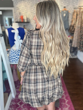 Plaid and Lace Puff Sleeve Bubble Hem Mini Dress