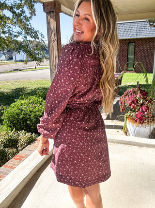 Denim Floral Button Down Mini Dress-Wine