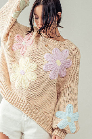 Sweet Daisy Beige Floral Knit Sweater