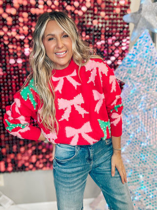 Pearl Bow Red Holiday Sweater